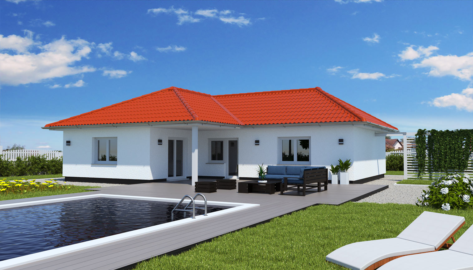 EWA-Bungalow-Darß-115qm-Massivhausbau-Leipzig-Halle-Wittenberg-Rückansicht-rotes-Dach EWA-Bungalow Darß 115qm Massivhausbau Leipzig Halle Wittenberg Rückansicht rotes Dach