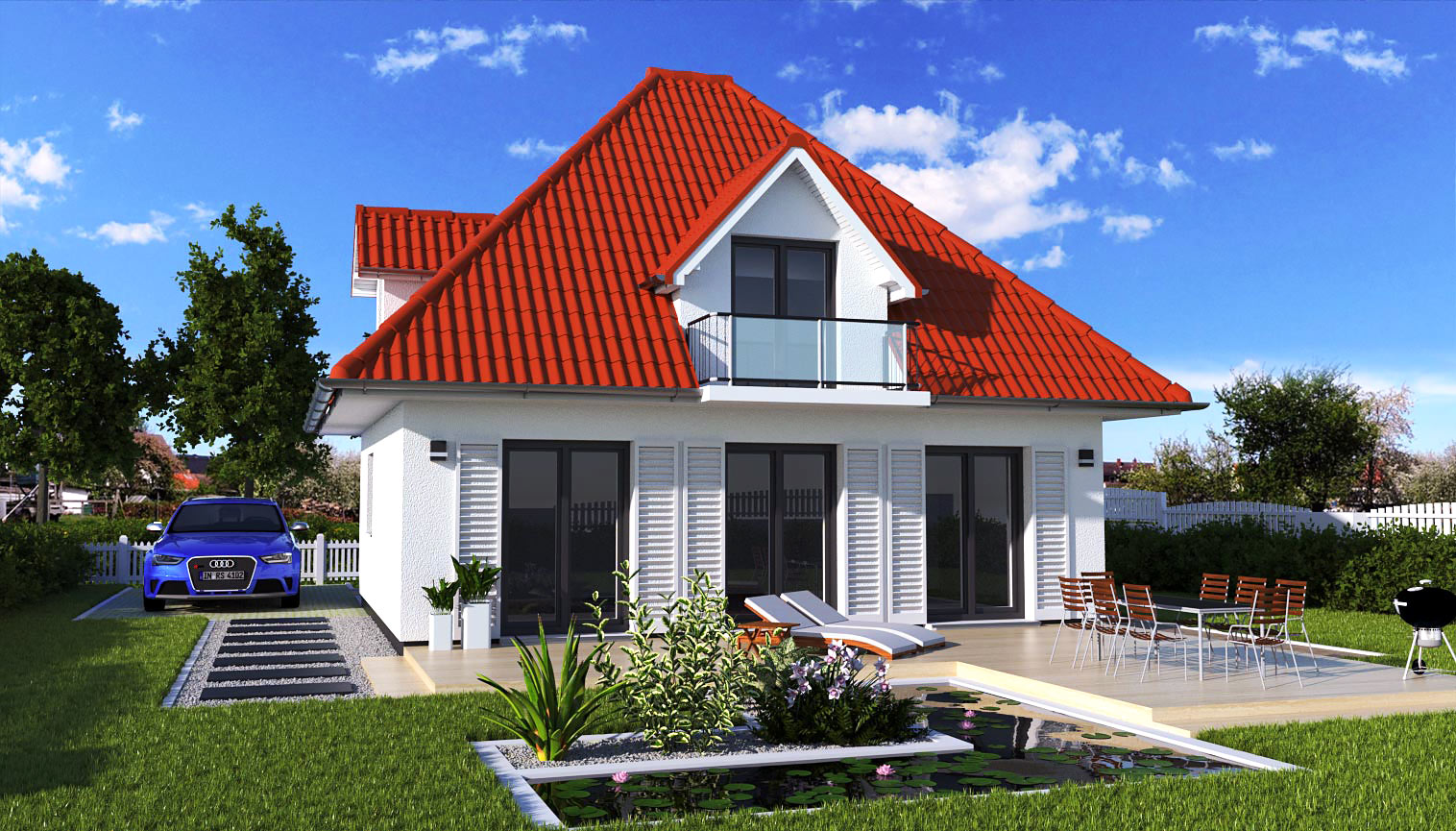 EWA-Bungalow Hiddensee 142qm Hausbau Berlin Brandenburg Potsdam Rückansicht rotes Dach