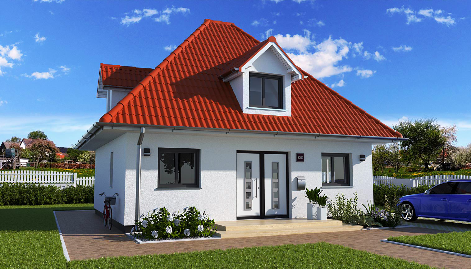 EWA-Bungalow Hiddensee 142qm Hausbau Berlin Brandenburg Potsdam Vorderansicht rotes Dach