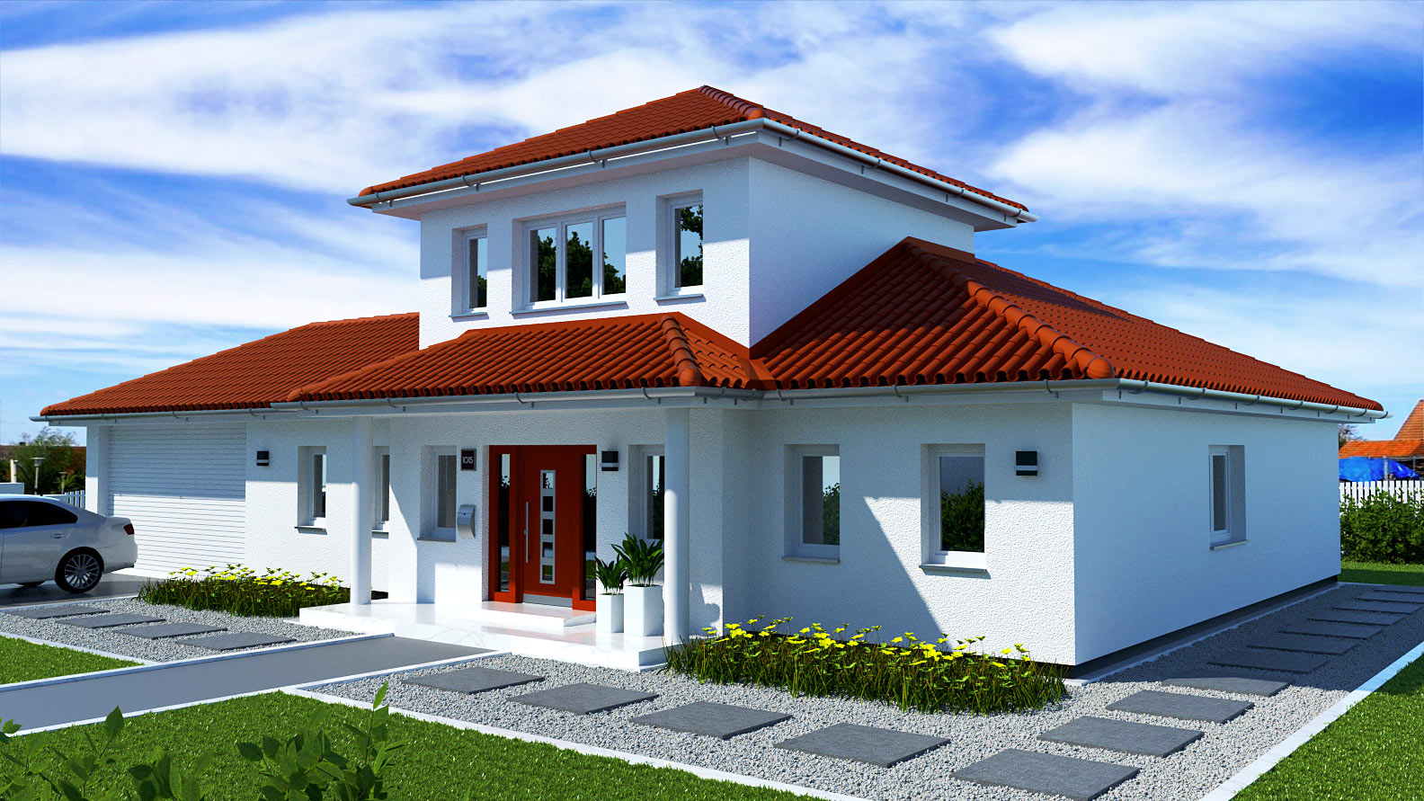 EWA-Bungalow-Rügen-174qm-Hausbau-Berlin-Brandenburg-Magdeburg-Vorderansicht-rotes-Dach EWA-Bungalow Rügen 174qm Hausbau Berlin Brandenburg Magdeburg Vorderansicht rotes Dach