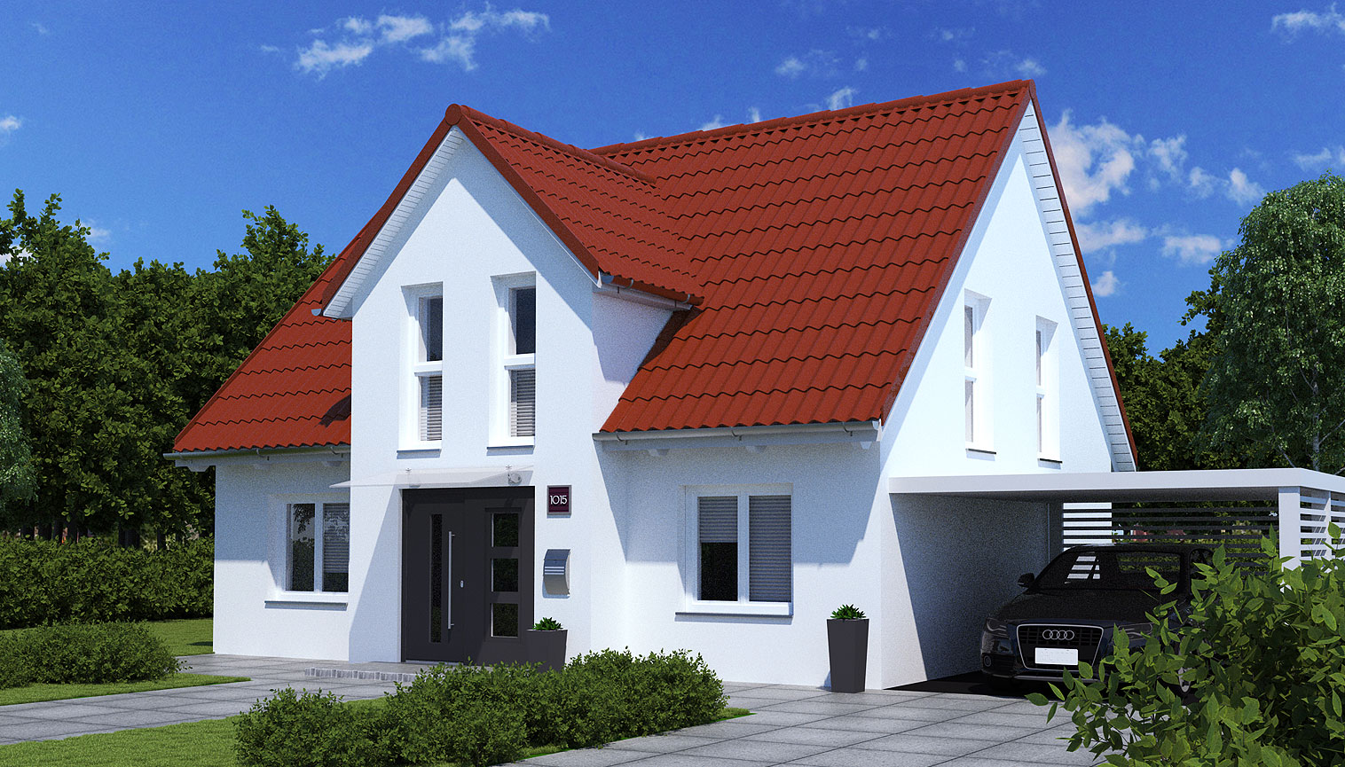 EWA-Landhaus Altmark 172qm Hausbau Berlin Brandenburg Magdeburg Vorderansicht rotes Dach