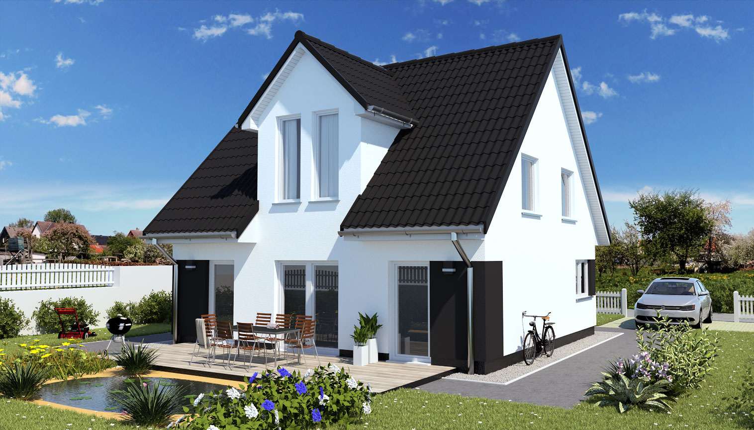 EWA-Landhaus Flaeming 119qm Hausbau Berlin Brandenburg Magdeburg Rueckansicht