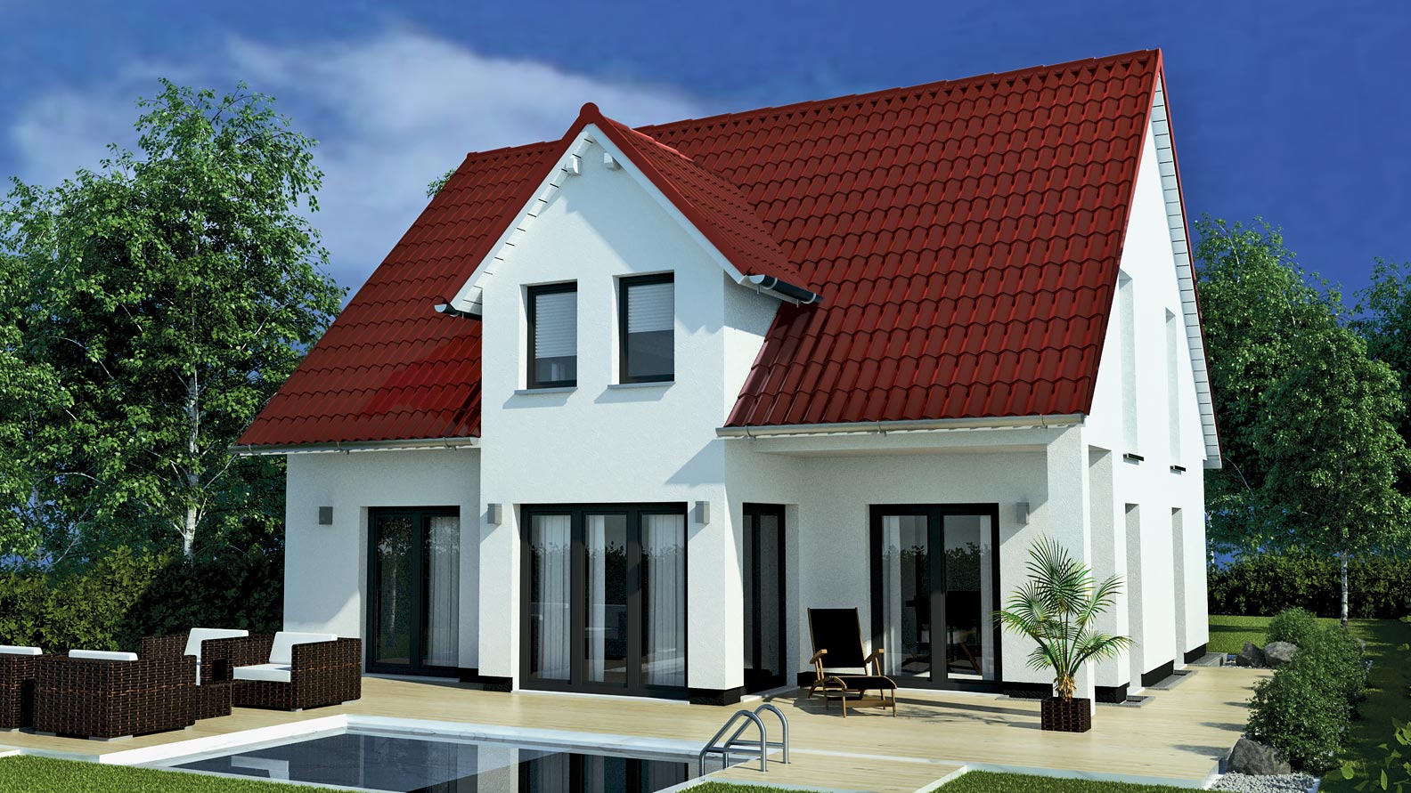 EWA-Landhaus Prignitz 187qm Massivhausbau Leipzig Halle Wittenberg Rückansicht rotes Dach