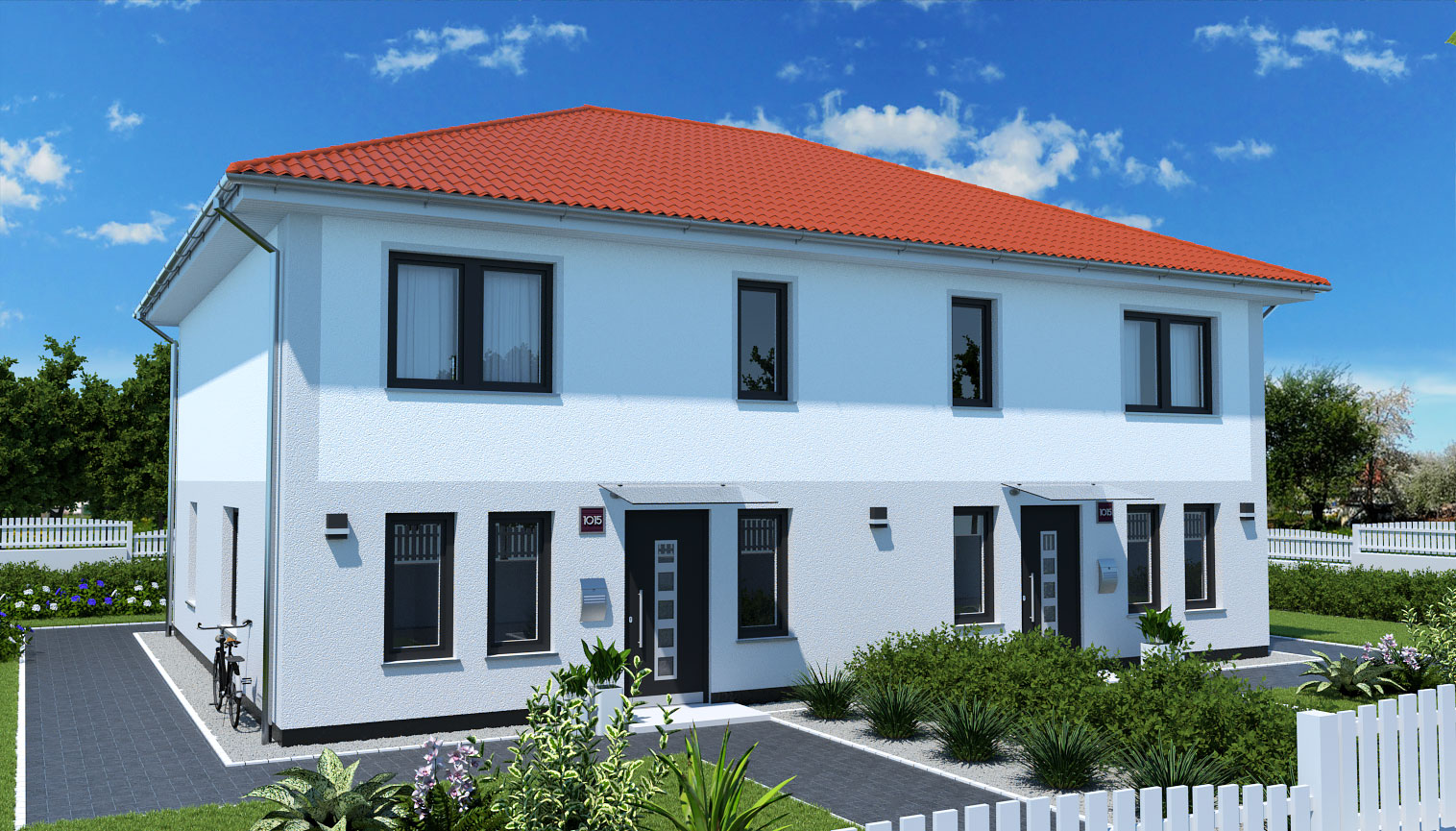 EWA-Doppelhaus-Werder-254qm-Hausbau-Berlin-Brandenburg-Potsdam-Vorderansicht-rotes-Dach EWA-Doppelhaus Werder 254qm Hausbau Berlin Brandenburg Potsdam Vorderansicht rotes Dach