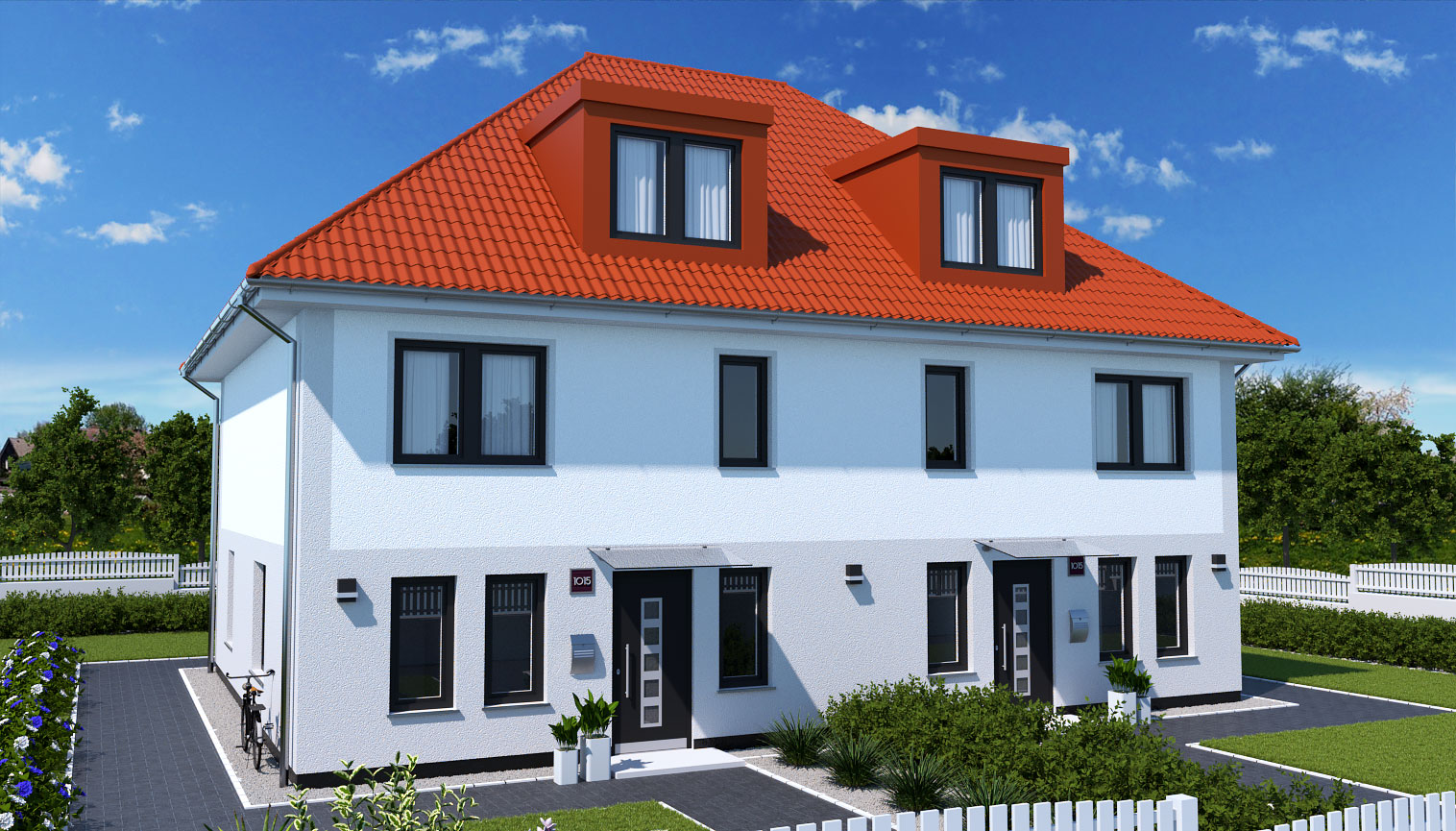 EWA-Doppelhaus Werder Exklusiv 344qm Hausbau Berlin Brandenburg Potsdam Vorderansicht rotes Dach