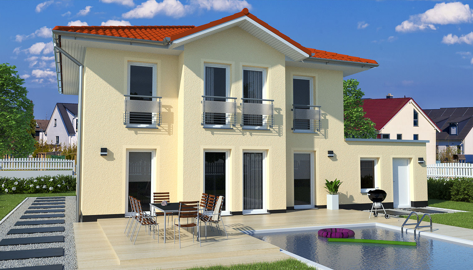 EWA-Stadtvilla Berlin 158qm Hausbau Berlin Brandenburg Magdeburg Rückansicht rotes Dach