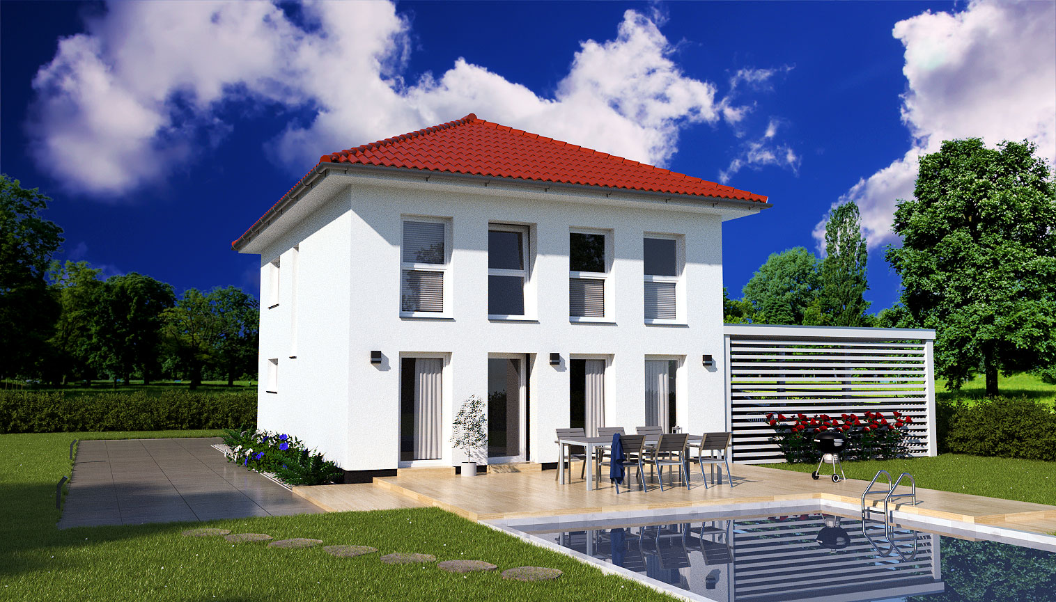 EWA-Stadtvilla Halle 153qm Hausbau Berlin Brandenburg Magdeburg Rückansicht rotes Dach