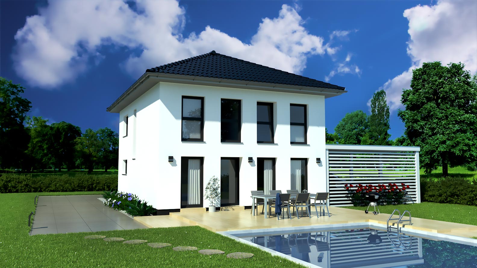 EWA-Stadtvilla Halle 153qm Hausbau Berlin Brandenburg Magdeburg Rückansicht