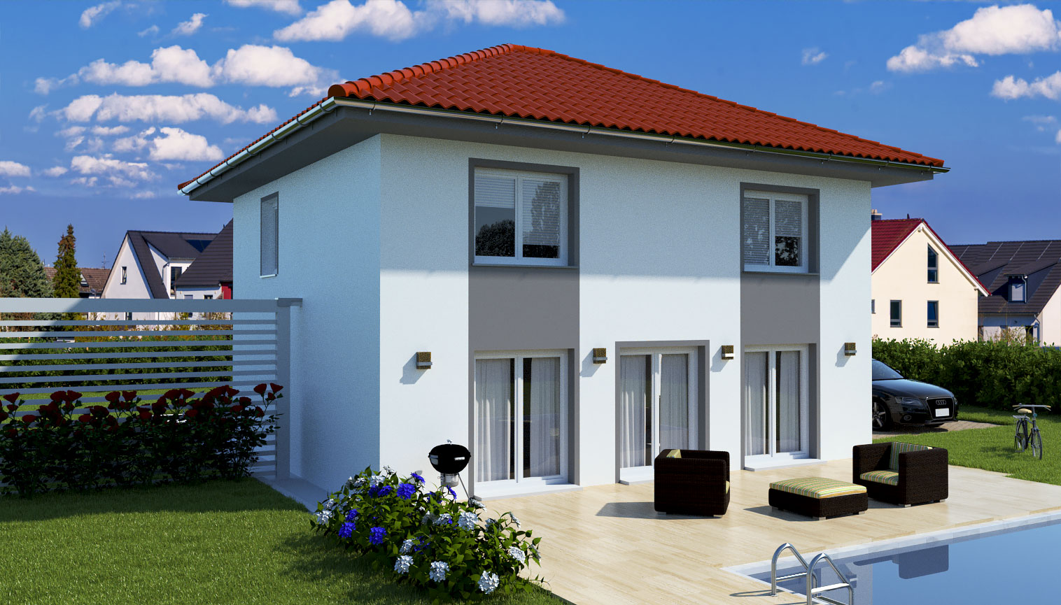 EWA-Stadtvilla Lichterfelde 163qm Massivhausbau Leipzig Halle Wittenberg Rückansicht rotes Dach