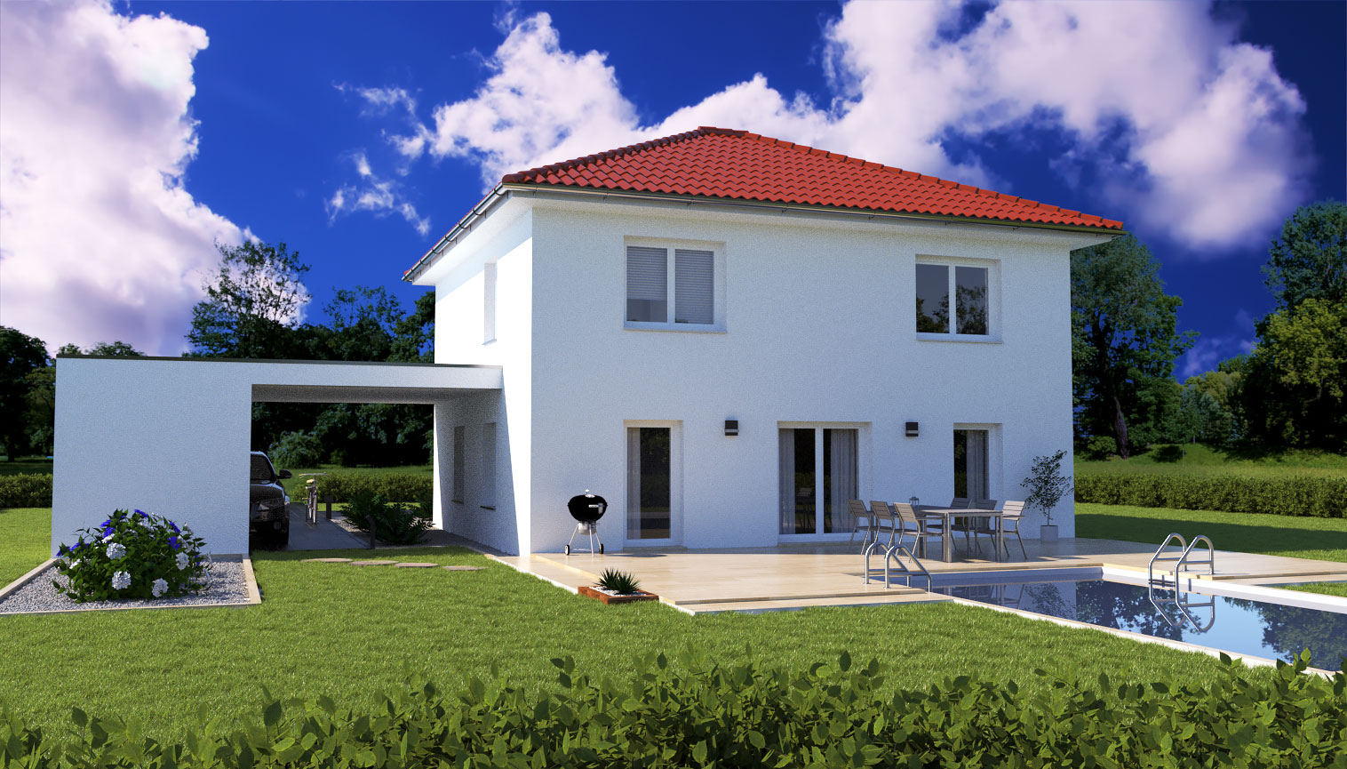 EWA-Stadtvilla Potsdam 143qm Hausbau Berlin Brandenburg Potsdam Rückansicht rotes Dach