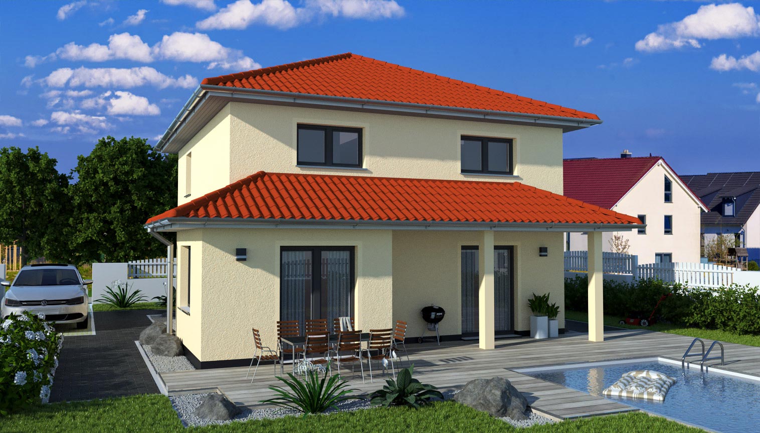 EWA-Stadtvilla Toskana 136qm Hausbau Berlin Brandenburg Potsdam Rückansicht rotes Dach