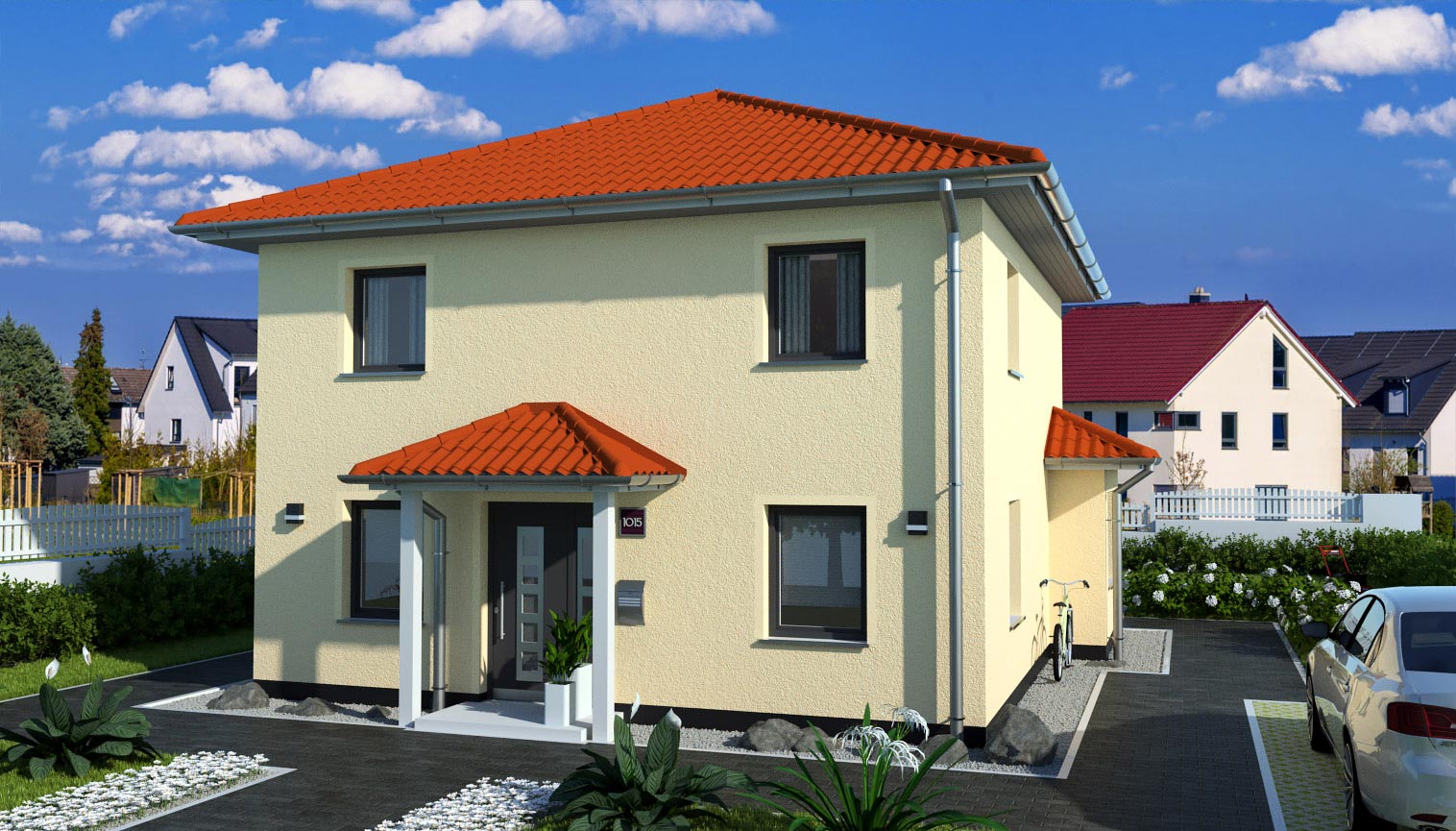 EWA-Stadtvilla Toskana 136qm Hausbau Berlin Brandenburg Potsdam Vorderansicht rotes Dach